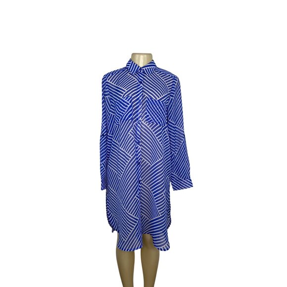 Jessica London Womens Blue & White Geometric Striped See-Through Shirt Dress Sz - Picture 1 of 6